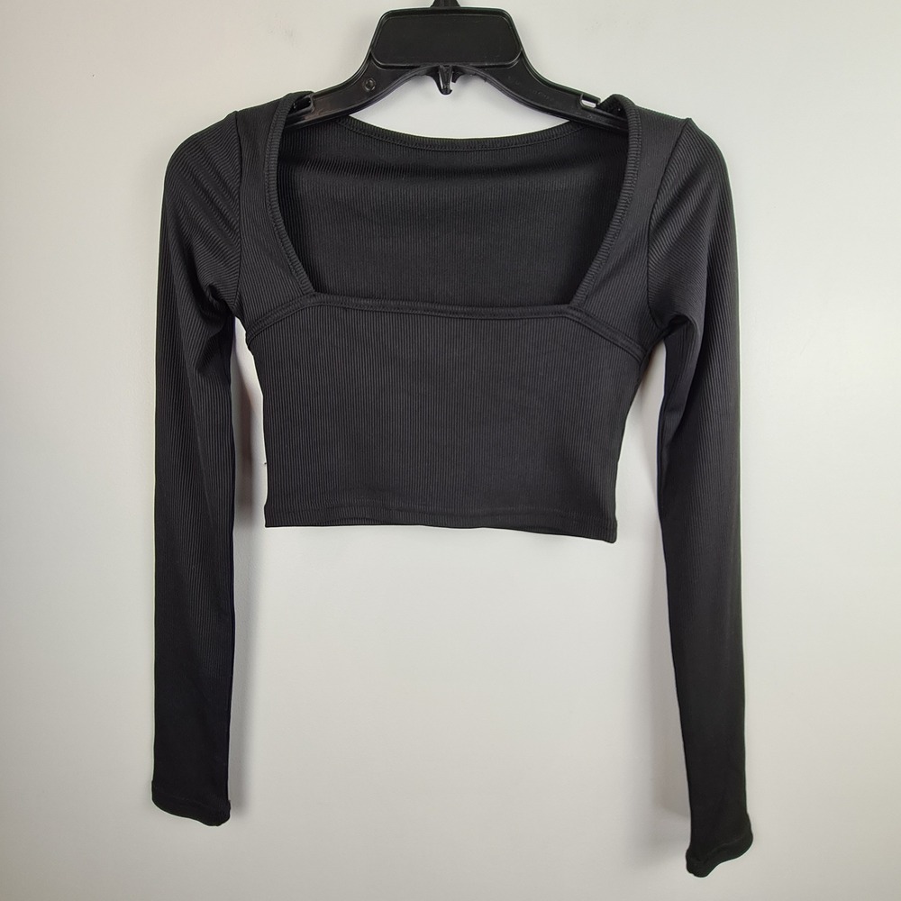 Cider Black Ribbed Square Neck Long Sleeve Crop Top XS Slim Fit Seam Detail
